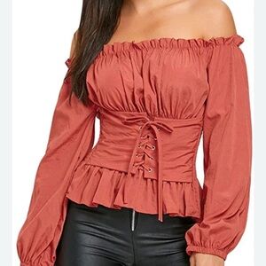 Off-the-shoulder Ruffled Long-sleeve Lace-up Smocked Blouse orange, size medium